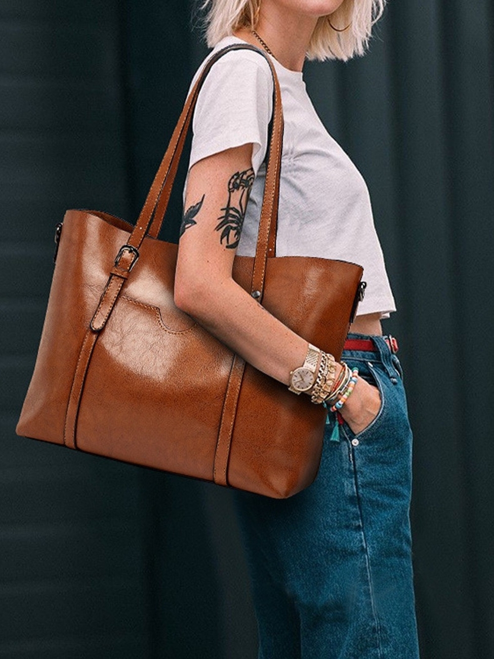 Classic Faux Leather Weekend Tote HandBag - Deep Camel